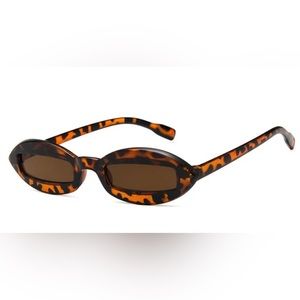 Brown Leopard Print Tortoise Shell Slim Rectangular Minimalist Sunglasses